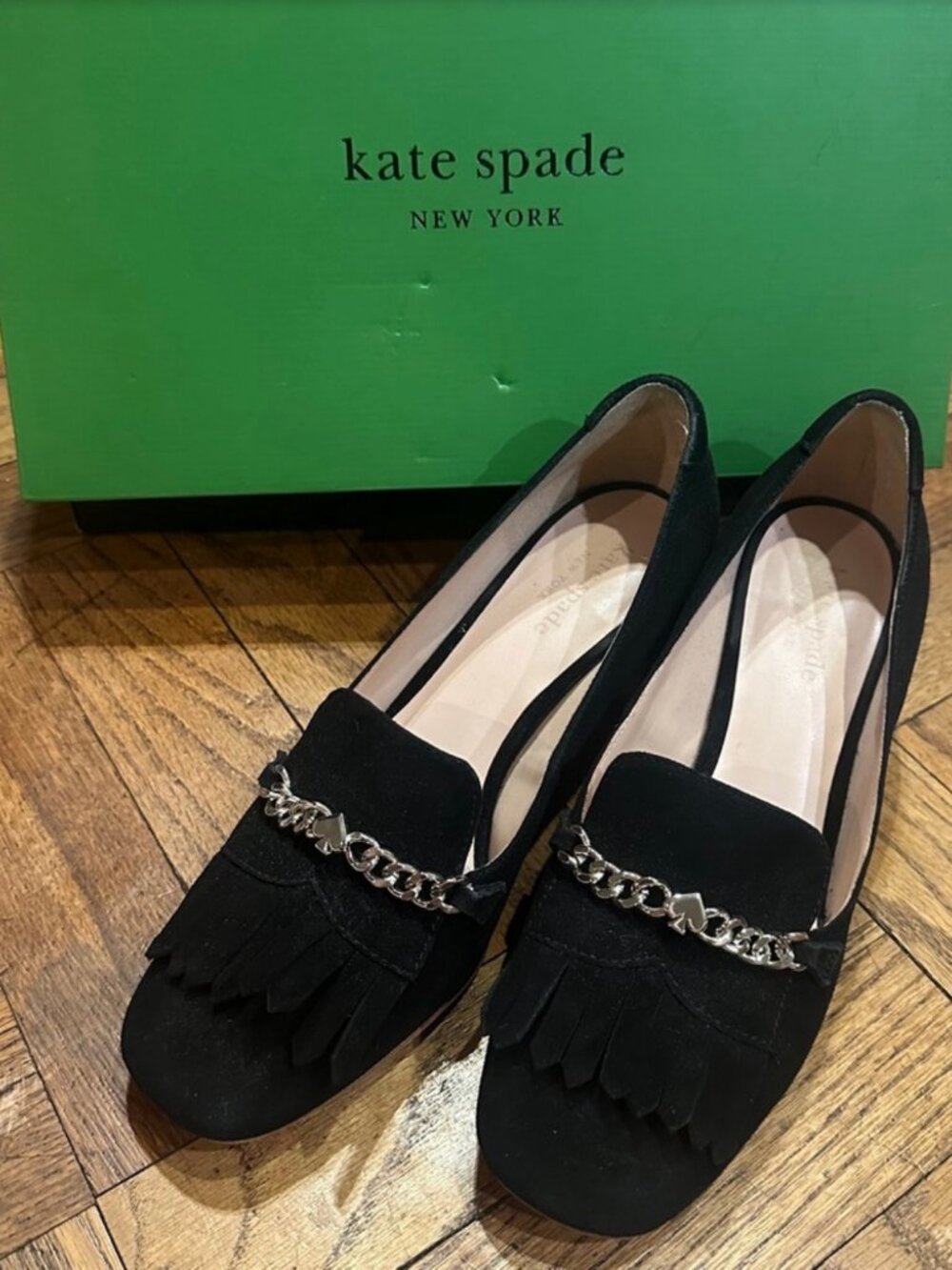 Kate Spade Molly Block Heel Loafers Black Chunky Pumps Silver Chain Size 7.5